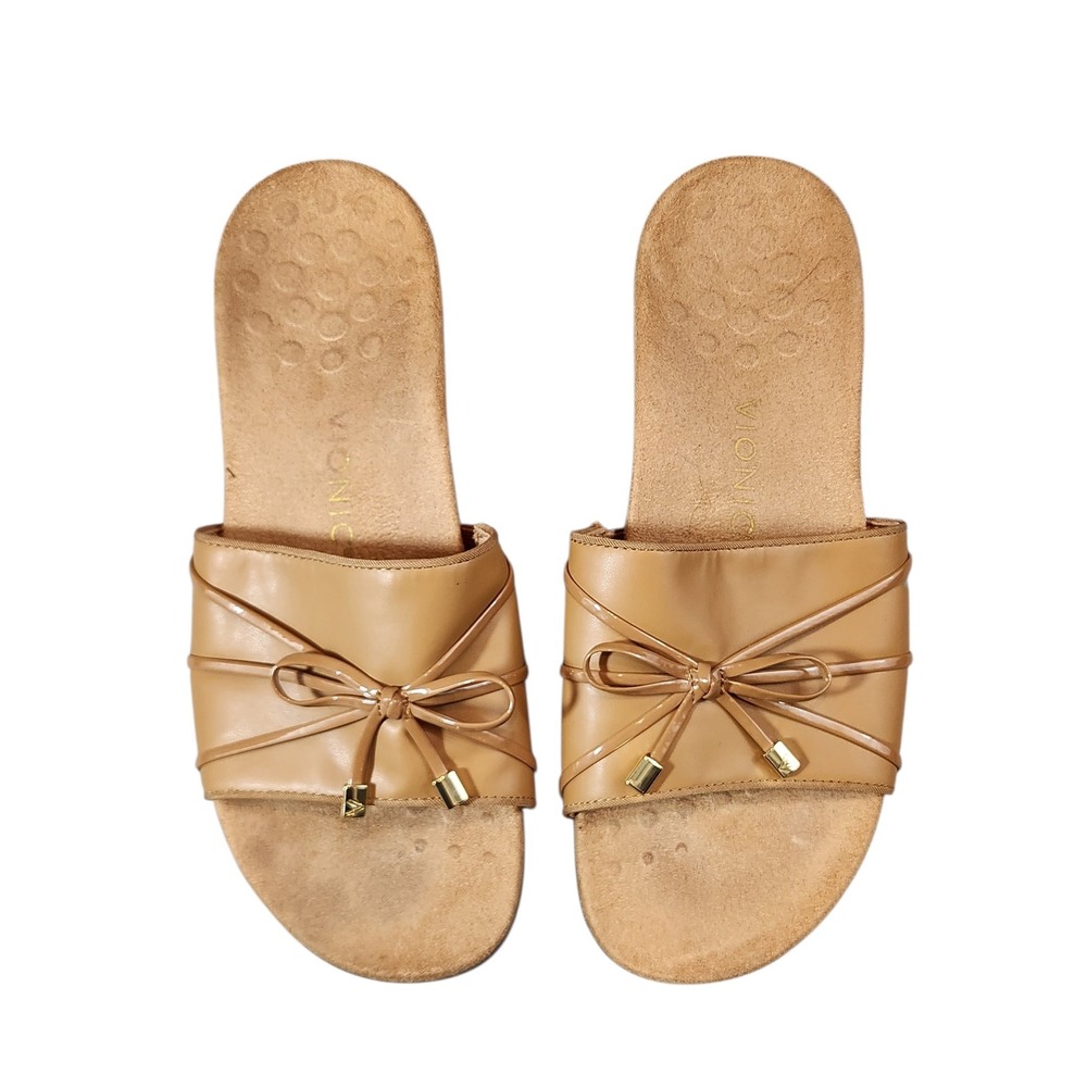 Vionic Bella Slide Sandals Womens 10 Tan Bow Orthotic Comfort Shoes